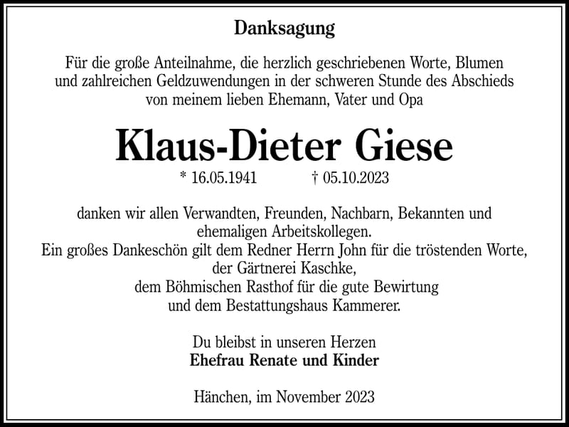 Danksagung Klaus-Dieter Giese