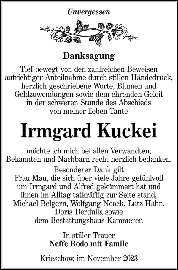Danksagung Irmgard Kuckei