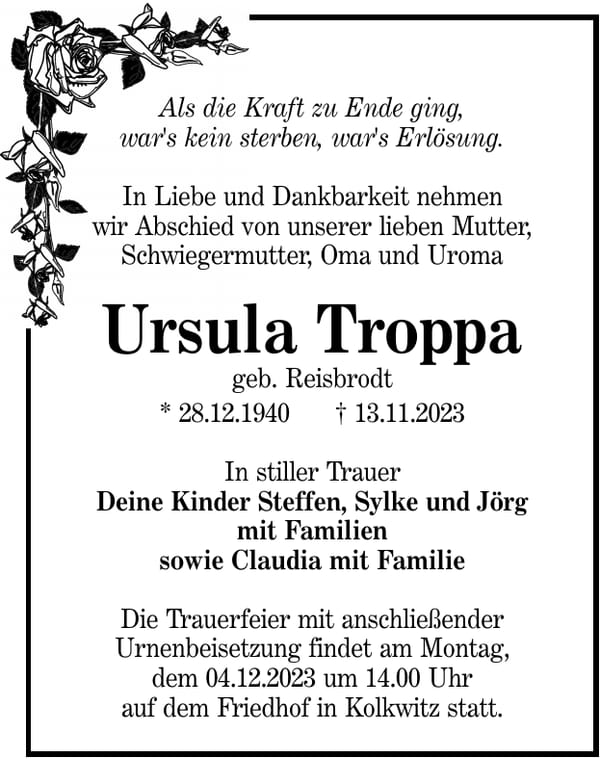 Traueranzeige Ursula Troppa, geb. Reisbrodt