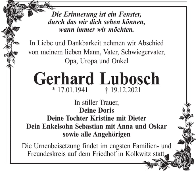 Traueranzeige Gerhard Lubosch