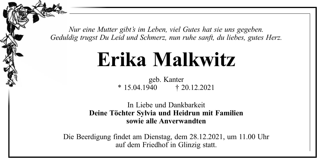 Traueranzeige Erika Malkwitz, geb. Kanter