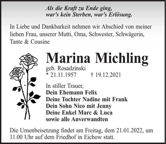 Traueranzeige Marina Michling, geb. Rosadzinski