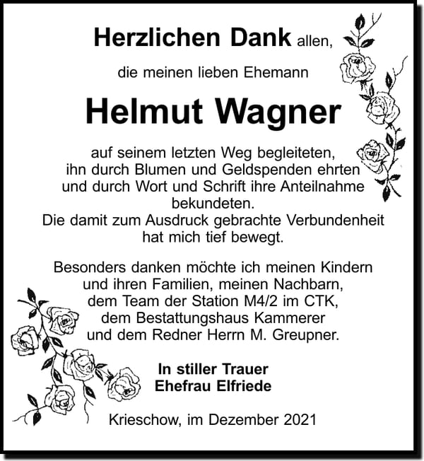 Danksagung Helmut Wagner