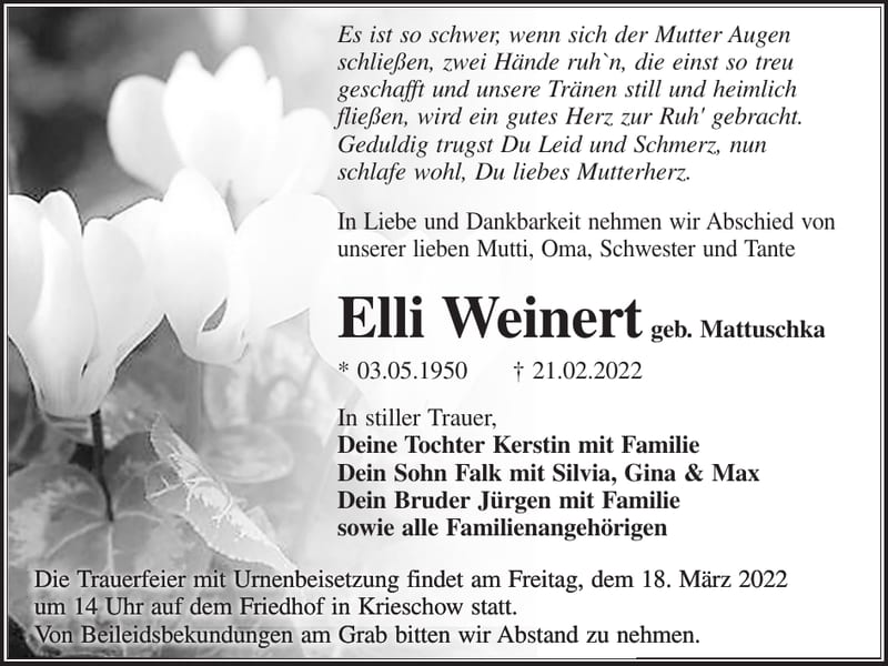 Traueranzeige Elli Weinert, geb. Mattuschka