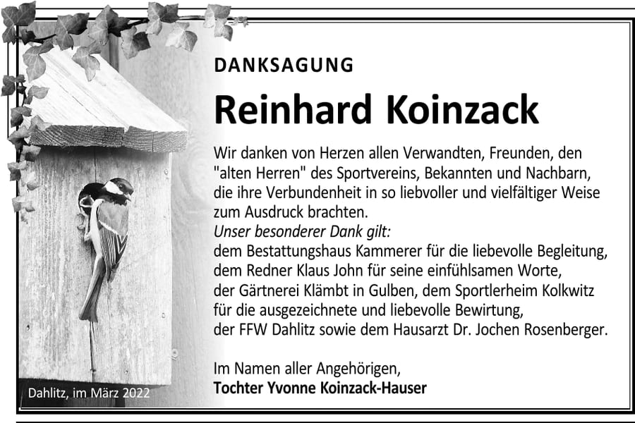 Danksagung Reinhard Koinzack