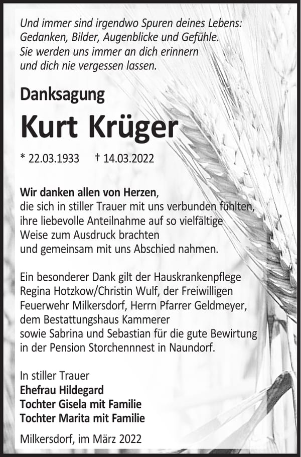 Danksagung Kurt Krüger