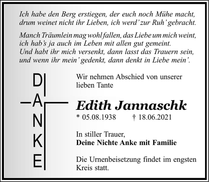 Traueranzeige Edith Jannaschk