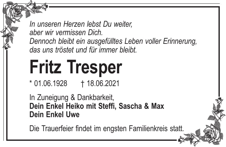 Traueranzeige Fritz Tresper