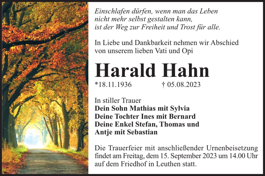 Traueranzeige Harald Hahn