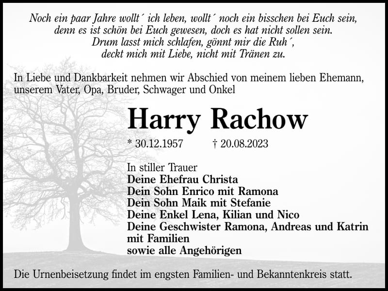 Traueranzeige Harry Rachow