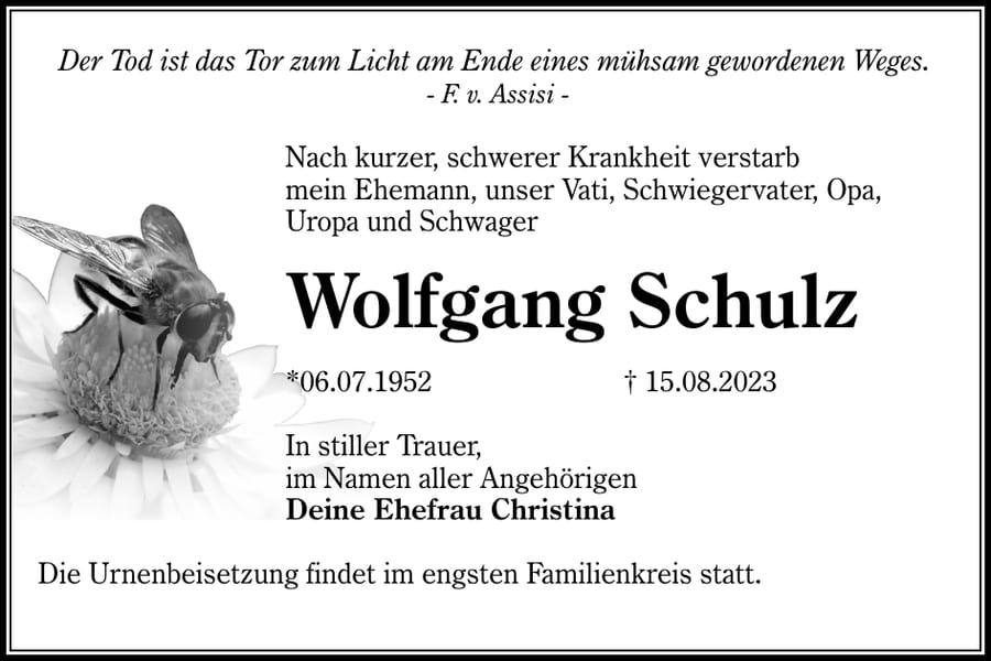 Traueranzeige Wolfgang Schulz