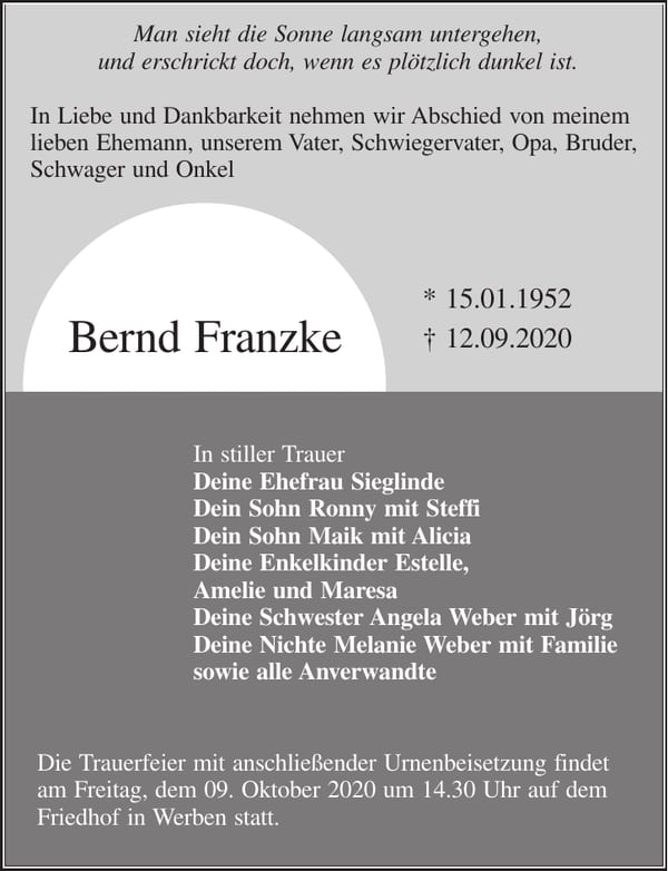 Traueranzeige Bernd Franzke