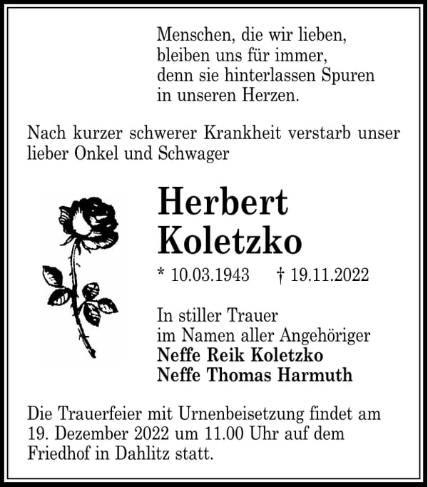 Traueranzeige Herbert Koletzko