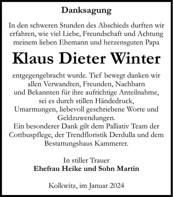 Danksagung Klaus Dieter Winter