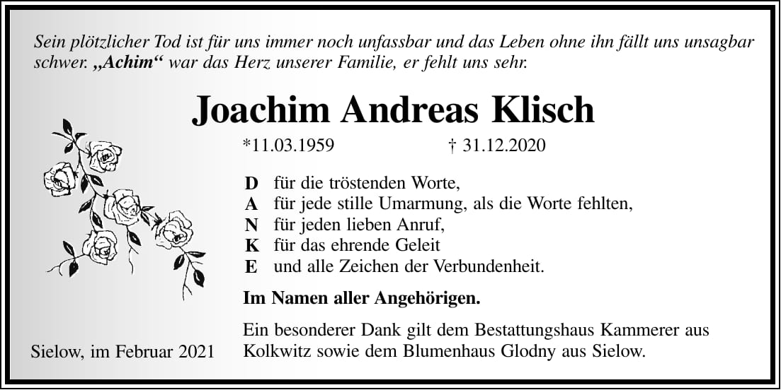 Danksagung Joachim Andreas Klisch