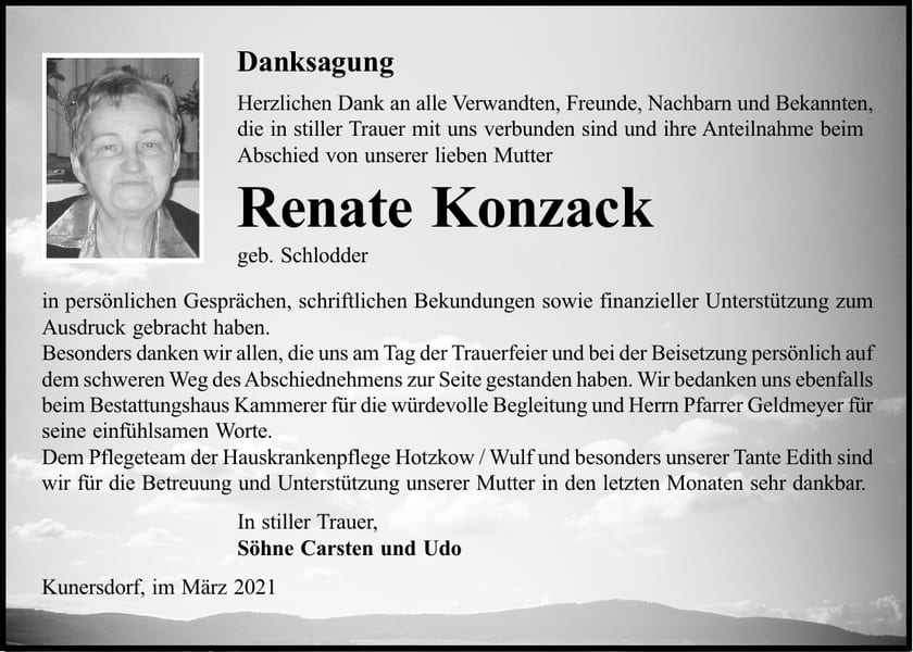 Danksagung Renate Konzack, geb. Schlodder