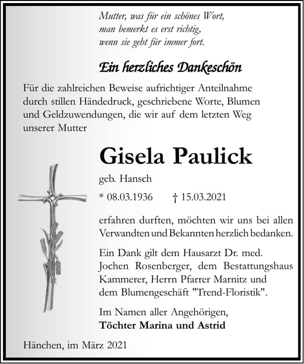 Danksagung Gisela Paulick, geb. Hansch