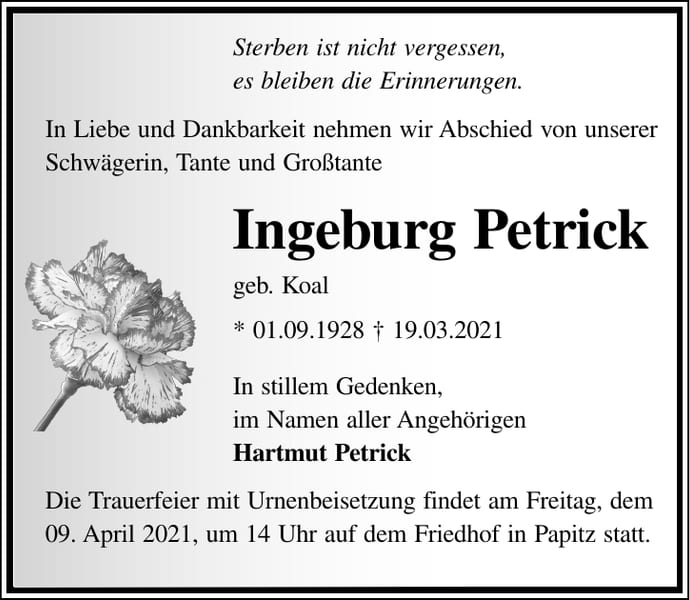 Traueranzeige Ingeburg Petrick, geb. Koal