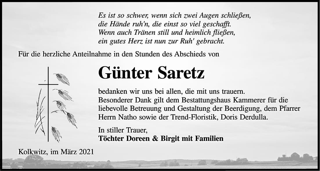 Danksagung Günter Saretz