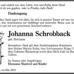 Danksagung Johanna Schrobback, geb. Hettmann