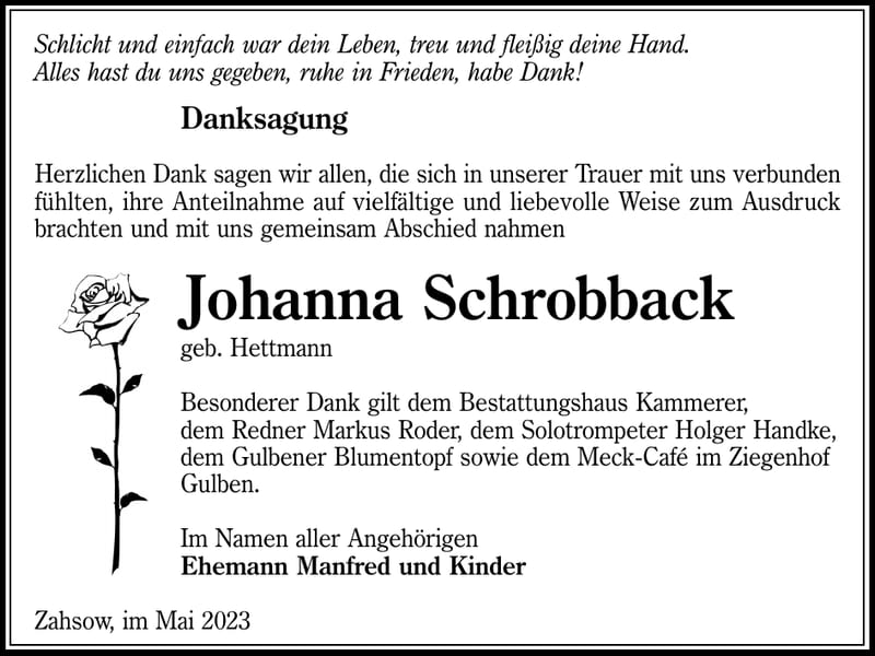 Danksagung Johanna Schrobback, geb. Hettmann