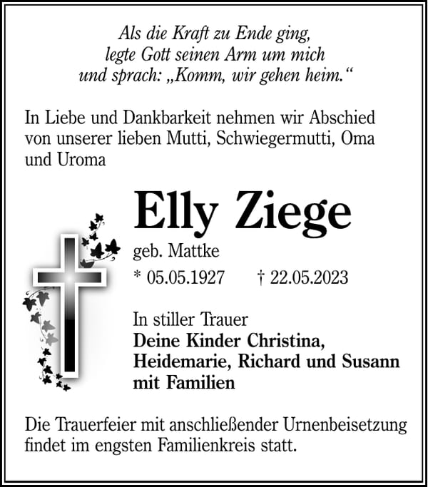 Traueranzeige Elly Ziege, geb. Mattke
