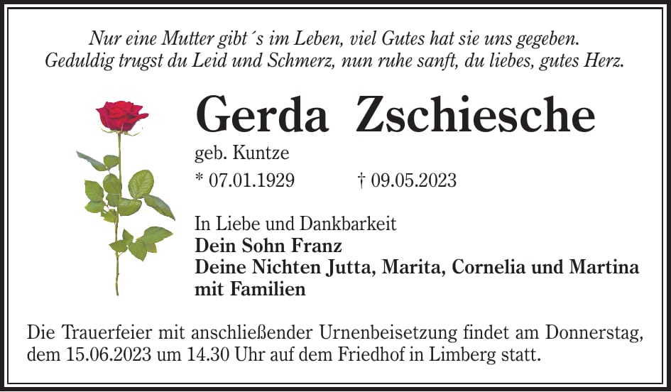 Traueranzeige Gerda Zschiesche, geb. Kuntze