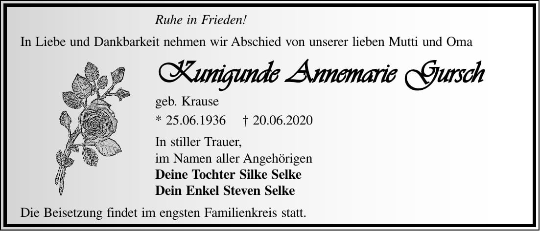 Traueranzeige Kunigunde Annemarie Gursch, geb. Krause