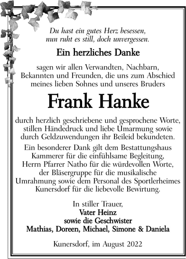 Danksagung Frank Hanke