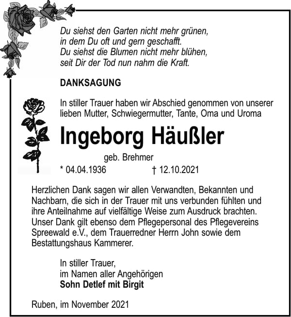 Danksagung Ingeborg Häußler, geb. Brehmer