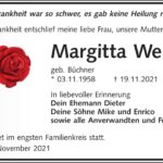 Traueranzeige Margitta Weiser, geb. Büchner