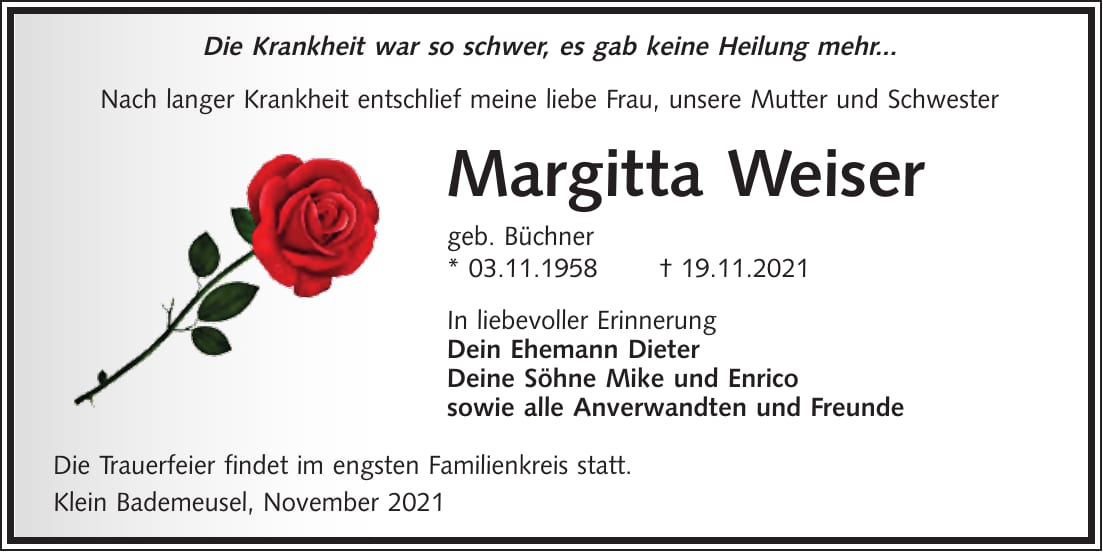 Traueranzeige Margitta Weiser, geb. Büchner