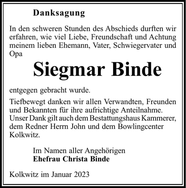 Danksagung Siegmar Binde