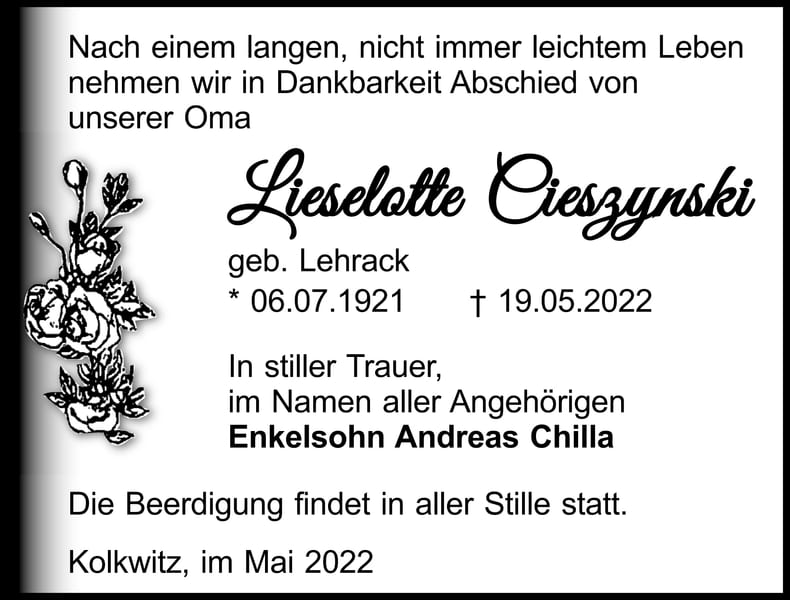 Traueranzeige Lieselotte Cieszynski, geb. Lehrack