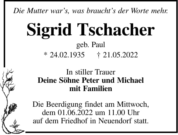 Traueranzeige Sigrid Tschacher, geb. Paul