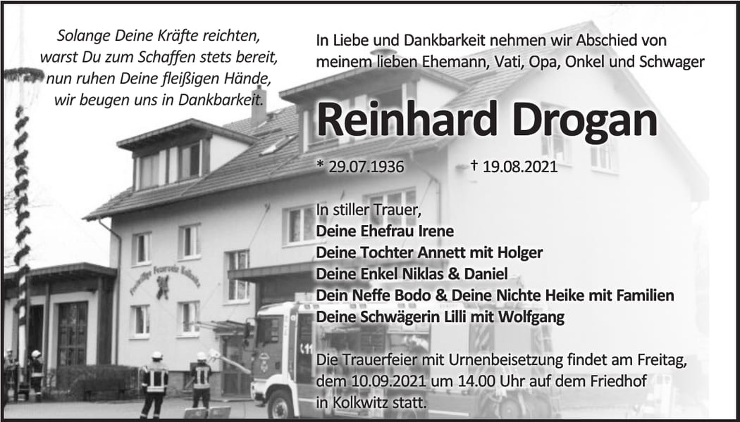 Traueranzeige Reinhard Drogan