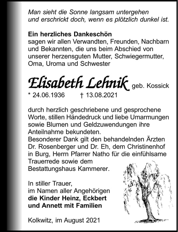 Danksagung Elisabeth Lehnik, geb. Kossick