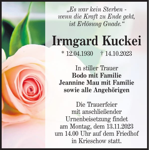Traueranzeige Irmgard Kuckei