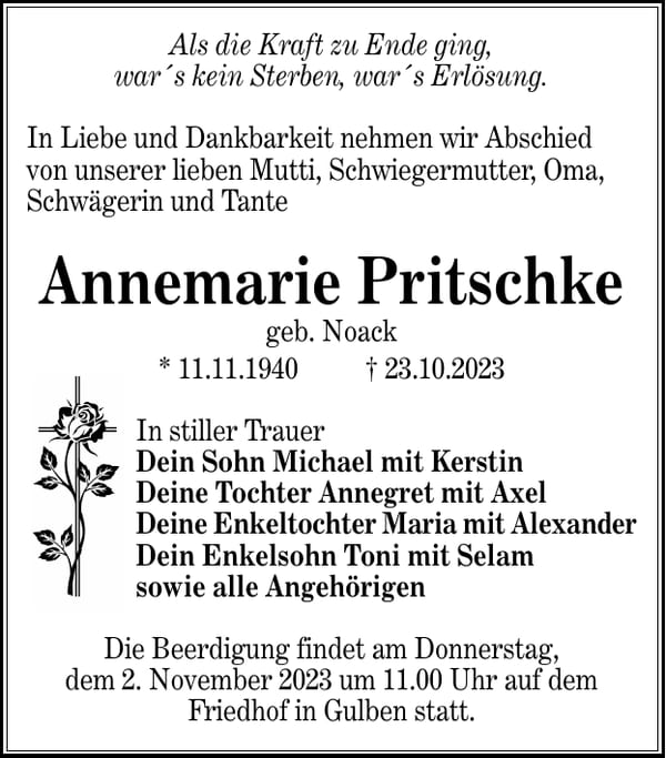 Traueranzeige Annemarie Pritschke, geb. Noack