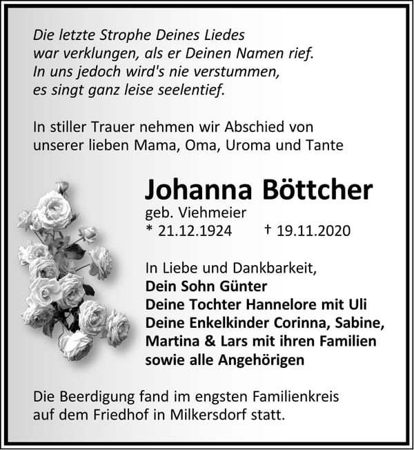 Traueranzeige Johanna Böttcher, geb. Viehmeier