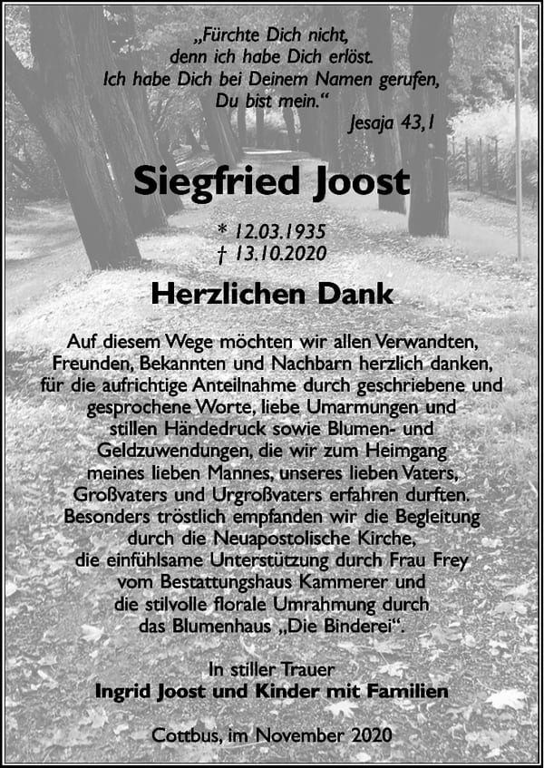 Danksagung Siegfried Joost