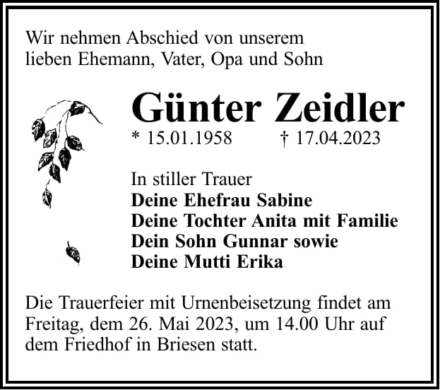 Traueranzeige Günter Zeidler
