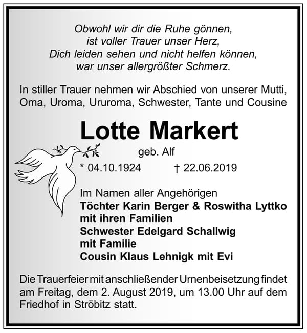 Traueranzeige Lotte Markert, geb. Alf