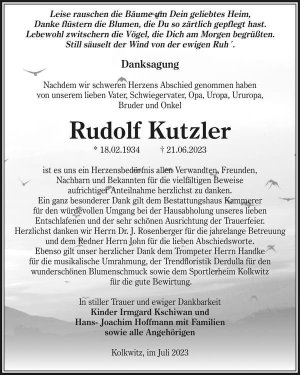 Danksagung Rudolf Kutzler