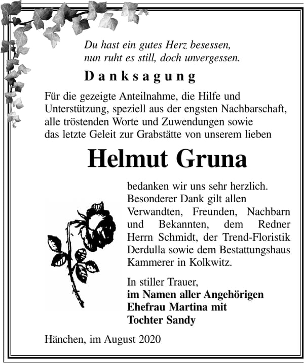 Danksagung Helmut Gruna