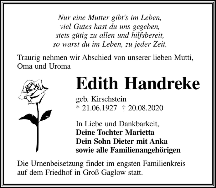 Traueranzeige Edith Handreke, geb. Kirschstein