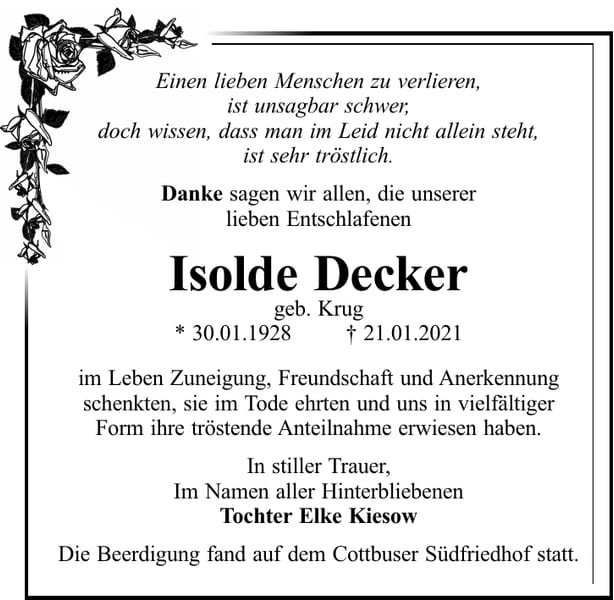 Danksagung Isolde Decker, geb. Krug
