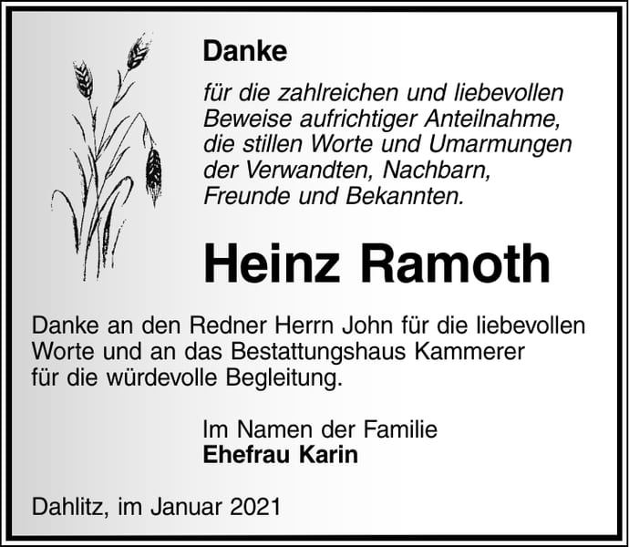 Danksagung Heinz Ramoth