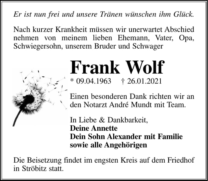 Traueranzeige Frank Wolf