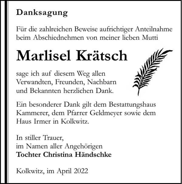 Danksagung Marlisel Krätsch